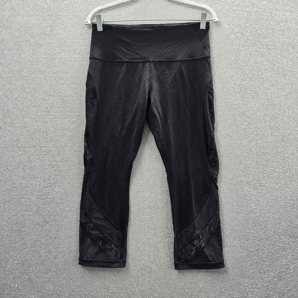 Lululemon Women Activewear Pants 10 Black Wunder Under Crop‎ High Rise Yoga Lace